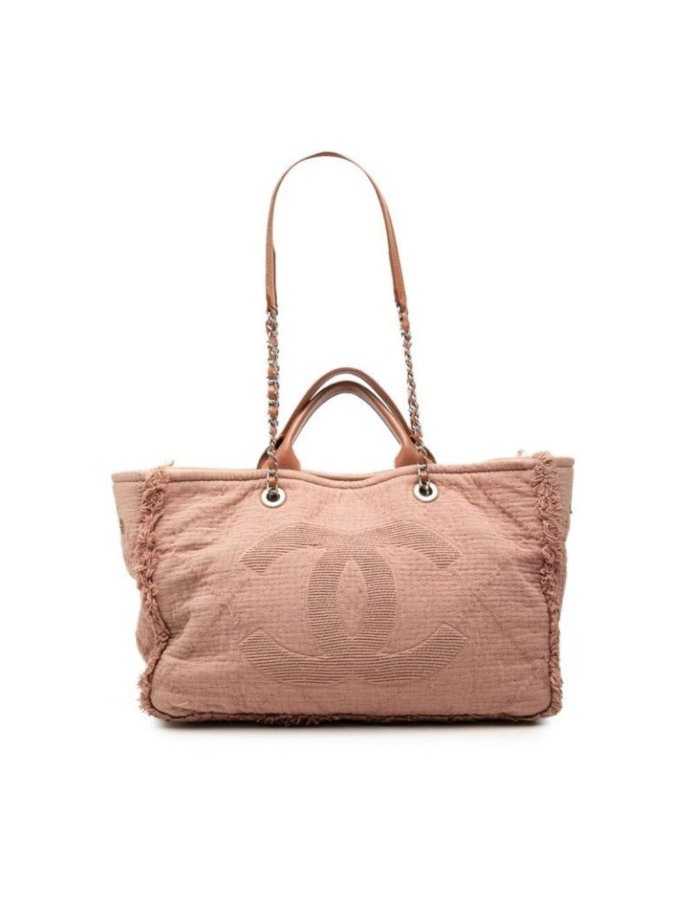 Chanel CC Logo Tote Chain Shoulder Bag Pink Canvas Leather